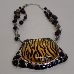 Unusual Eye Catching Bold Tiger Striped Pendant & Beaded Necklace 20" Silvertone